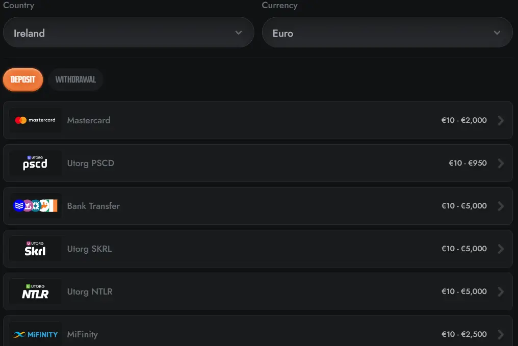 Payment options for Irish players in Gransino