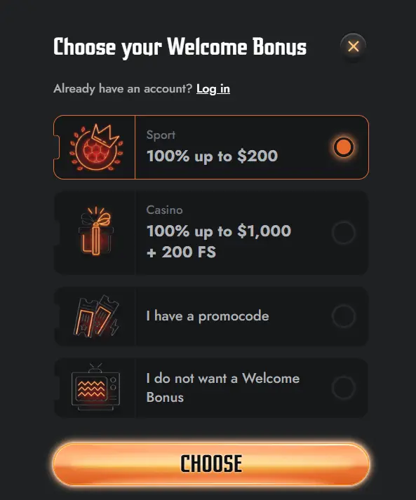 Choose the welcome bonus